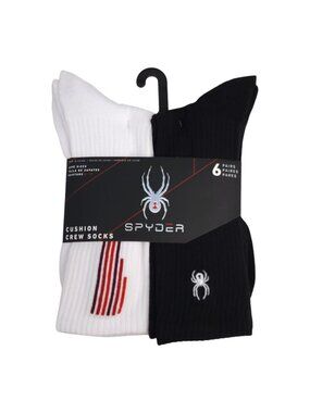 Spyder Cushion Crew Socks 6-Pack Shoe Sizes 6-12 Black & White Mens Vented